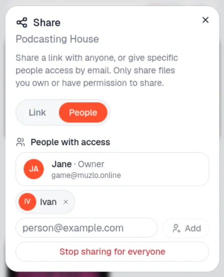 The Share dialog on the People tab — owner, member chips, and an email field to add someone