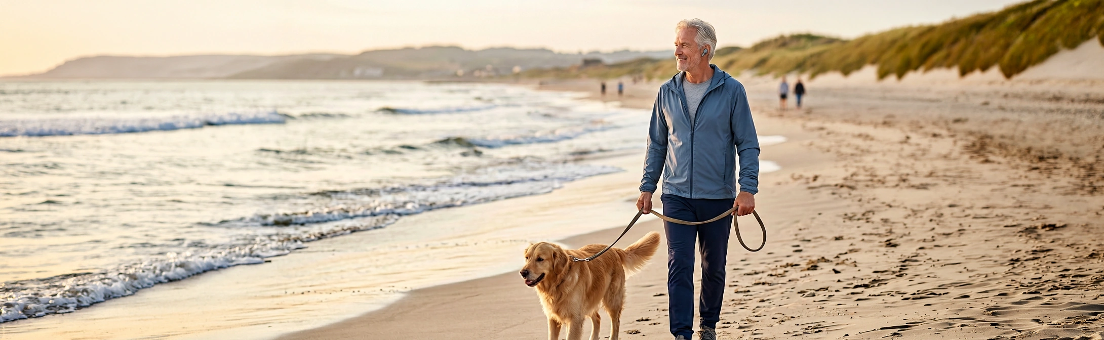 A man walking a dog on the beach while listening to audio